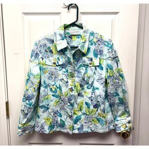 Alfred Dunner Pastel Jean Jacket, Light Sequins, Floral Print, Women's Size 12P